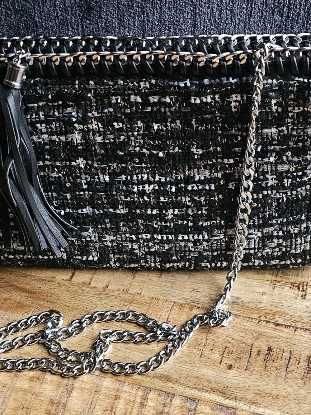 Black Tweed Crossbody Bag with Chain Strap